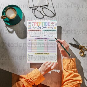 May include: A Peptide Log Book with a colorful header, sections for identification, reconstruction details, administration records, and observations. The page features icons of vials and syringes, with text reading Peptide Log Book, Small Steps, Big Changes, and Observations & Results.