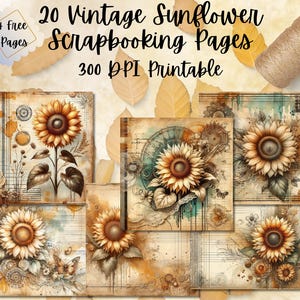 20 Vintage Sunflower Scrapbooking Pages | 12x12 Printable Digital Papers | Floral Journaling & Craft Supplies | 300 DPI Printables