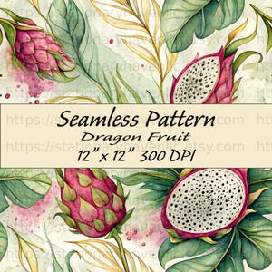 Digital Seamless Dragon Fruit Pattern, Vibrant Tropical Pitaya Watercolor Fabric Design, Exotic Botanical Digital Paper Tile File