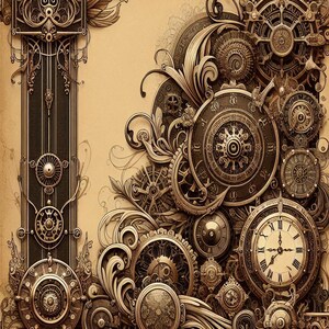 May include: A vintage-inspired illustration featuring intricate clockwork gears, cogs, and ornate floral designs in shades of brown and gold. The image evokes a steampunk aesthetic.