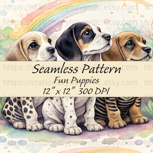 Può includere: Illustrazione ad acquerello di tre cuccioli con un arcobaleno sullo sfondo. L'immagine include il testo "Motivo senza cuciture Fun Puppies 30,5 cm x 30,5 cm 300 DPI". I cuccioli sono di vari colori e razze.