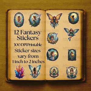Fantasy Fairy Aufkleber, magische Geschöpfe Aufkleber, 300 DPI druckbare Aufkleber, 12-teiliger Aufklebersatz, dekorative Aufkleber für Laptop