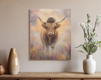 Stampa artistica di un cappello floreale con mucca delle Highlands: decorazione rustica in stile cottagecore (download digitale)