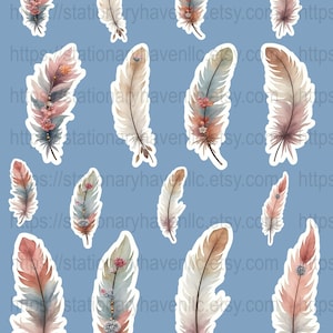 16 Boho Feather Sticker Sheet | Soft Watercolor Feathers with Florals | Planner Stickers | Junk Journal Ephemera | Printable PNG