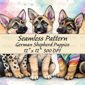 Può includere: Un motivo senza cuciture con tre facce di cuccioli di pastore tedesco con segni neri e marroni. Il testo "Seamless Pattern German Shepherd Puppies 30.5cm x 30.5cm 300 DPI" è visualizzato sotto. Lo sfondo ha schizzi di acquerello.