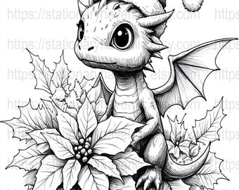 Dibujos para colorear de dragones navideños, arte fantástico (descarga digital)