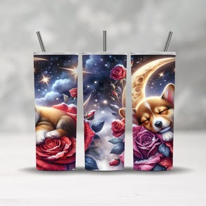 Digital Corgi Tumbler Wrap da 20 once, sottile e senza cuciture, con motivo floreale con cucciolo e rosa e mezzaluna, per gli amanti dei cani