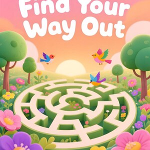 May include: A colorful illustration of a maze with the text "Find Your Way Out". The image features a green maze, vibrant flowers, trees, and three cartoon birds in flight against a sunset backdrop. The overall theme is a children's puzzle or game.