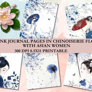 Pages de journal indésirable d'art oriental | 30 dessins de femmes asiatiques fleuris imprimables 8,5 x 11 chinoiseries | Scrapbooking, collage, éphémère 300 ppp