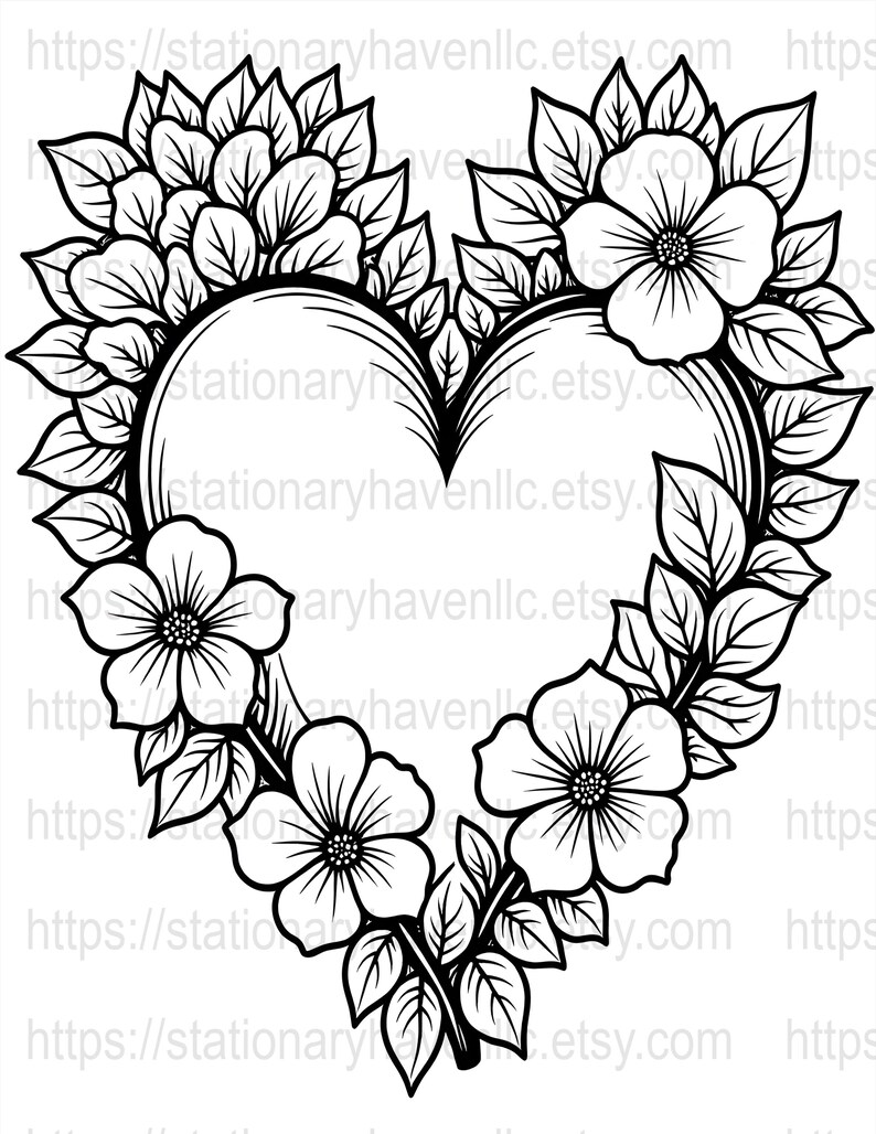 20 Digital Heart Flowers Coloring Pages, Floral Heart Printable ...