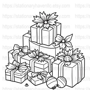 Op de afbeelding: Zwart-wit illustratie van gestapelde geschenkdozen met strikken en twee gestreepte ballen. De afbeelding is een kleurplaat, perfect voor een vakantie- of verjaardagsthema.