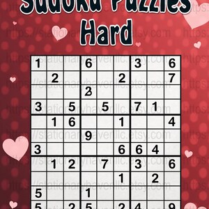 May include: A Sudoku puzzle labeled "Hard" with a grid of numbers. The background is red with white polka dots and pink heart shapes. The Etsy shop URL is visible in the background.