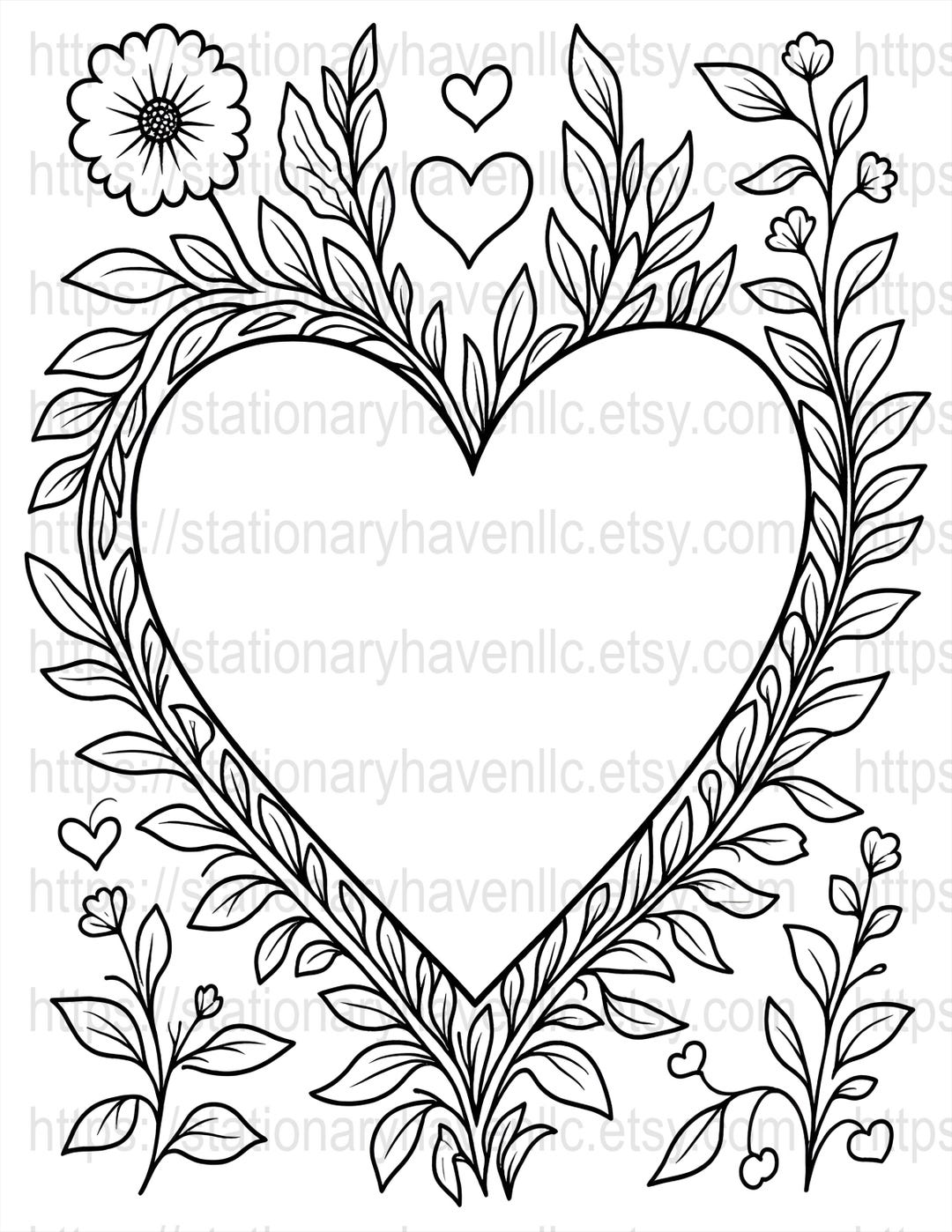 20 Digital Heart Flowers Coloring Pages, Floral Heart Printable ...