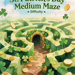 May include: Watercolor illustration of a St. Patrick's Day medium maze with a green hedge, gold coins, and shamrocks. The maze has a path leading to a golden archway. Text on the image reads "St. Patrick's Day Medium Maze" and "Difficulty".