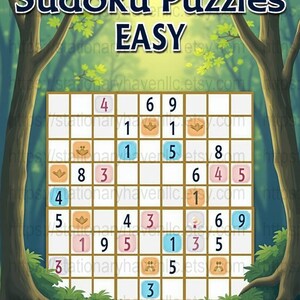 Może przedstawiać: Puzzle Sudoku z napisem "EASY" z liczbami i symbolami, otoczone stylizowanymi drzewami i liśćmi. Obraz zawiera tekst "Sudoku Puzzles" i adres URL sklepu Etsy.