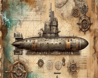 20 Steampunk Nautik Wand Kunst Printable | Vintage U-Boot, Schiff & Taucherhelm Dekor | Meereserkundung Digital | Maritimes Gästebuch