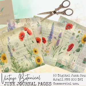 50 Vintage Botanical Junk Journal Pages - Digital Ephemera, Aesthetic Scrapbook Paper, Printable Collage Kit, 8.5x11 PNG, 300 DPI