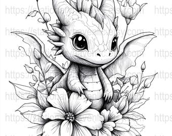20 adorables dibujos de dragones para colorear, arte floral fantástico, actividad imprimible para niños, arte de dragones fantásticos, libro para colorear relajante, descarga instantánea