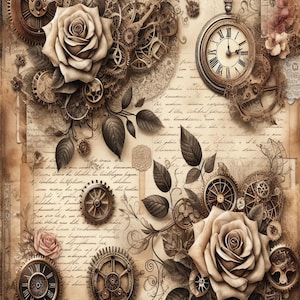 May include: A vintage-inspired image featuring a brown rose with intricate gears and clockwork elements. The background is a faded, handwritten letter with a pocket watch and other floral details.