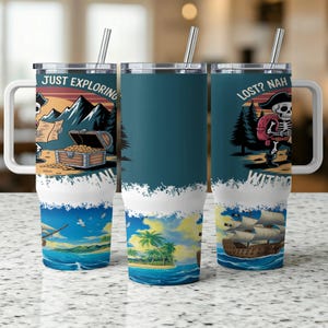 Envoltura PNG para vaso de sublimación pirata de 40 oz / Diseño de esqueleto pirata, mapa del tesoro, barco / Descarga digital para vaso de 40 oz