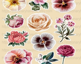 May include: A collection of watercolor floral stickers in various colors, including pink, red, yellow, and white. The stickers feature different types of flowers, such as roses, pansies, and peonies, with green leaves. The background is a light beige color.