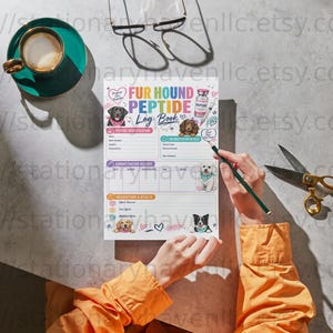 Può includere: Un registro Fur Hound Peptide stampato su carta bianca con testo colorato e illustrazioni di varie razze canine. Il registro presenta sezioni per i dettagli di somministrazione, le osservazioni e i risultati, accanto a caffè e forbici.