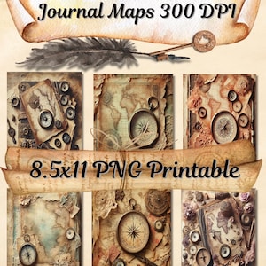Peut inclure: Cartes de journal imprimables numériques avec une esthétique vintage. L'image présente des cartes anciennes, des boussoles et des éléments décoratifs. Le texte indique "50 Digital Vintage Junk Journal Maps 300 DPI" et "8.5x11 PNG Printable". La palette de couleurs comprend des tons sépia et des textures parchemin.