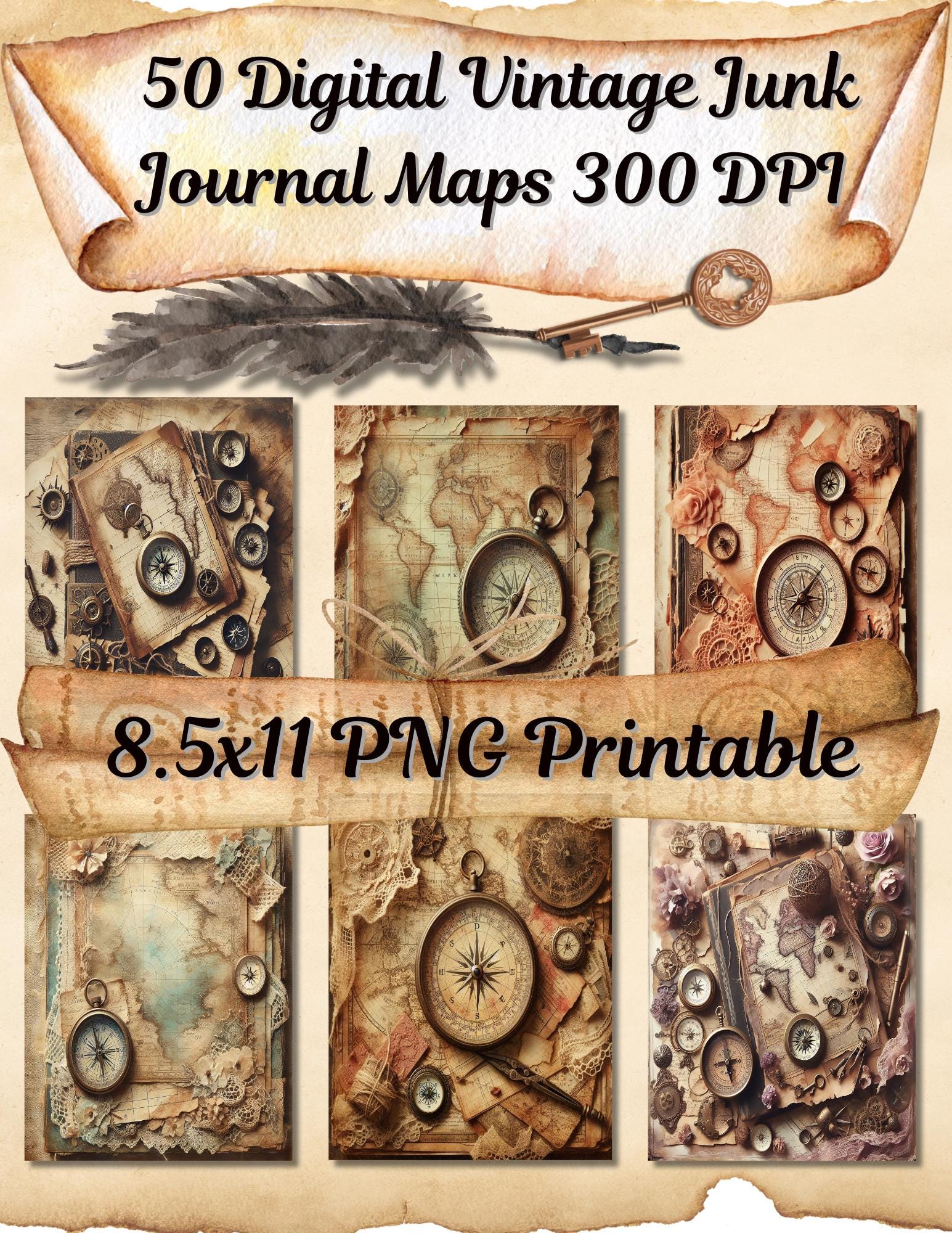 50 Digital Vintage Junk Journal Maps | 8.5x11 Printable PNG | Antique ...