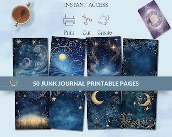 Himmlische Junk Journal Seiten | 50 druckbare 8,5 x 11 Sternennacht, Mond & Galaxie-Papier | Mystisch, Witchy Scrapbooking Ephemera 300 DPI