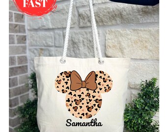 Custom Disney Leopard Print Tote Bag, Personalized Mickey Mouse Travel Bag