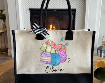 Personalized Knitting Tote Bag: Crochet Project Bag, Gift for Crafters