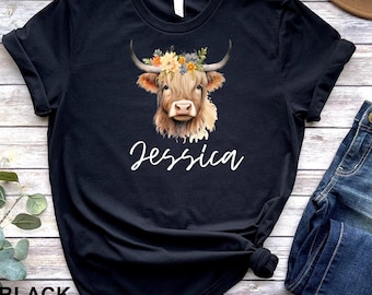 Custom Highland Cow with Flowers T-Shirt, Personalized Floral Cow Tee