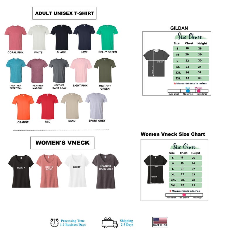 Op de afbeelding: Productafbeelding met een verscheidenheid aan t-shirts in verschillende kleuren, waaronder koraalroze, wit en zwart. De afbeelding toont ook maattabellen voor zowel unisex t-shirts voor volwassenen als v-hals t-shirts voor dames, met afmetingen in inches. De tekst "MADE IN USA" is ook zichtbaar.