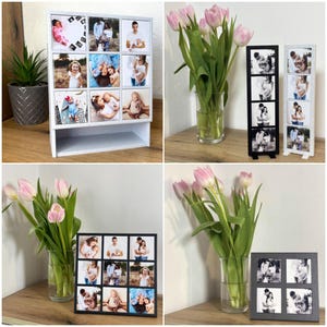 May include: Various family photo displays are shown. There's a white shelf unit with nine square photos, black and white vertical frames, and a black square frame. Pink tulips in glass vases are also displayed.