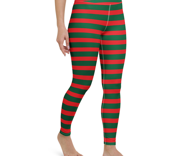 Red and Green Striped Christmas Leggings – Festive Elf Yoga Pants
