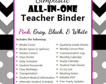 Simplistic Teacher Binder Bundle: Pink, Gray, Black & White