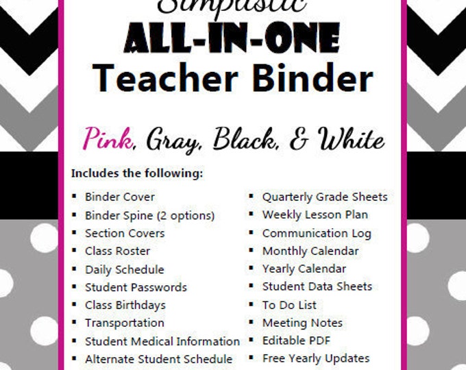 Simplistic Teacher Binder Bundle: Pink, Gray, Black & White