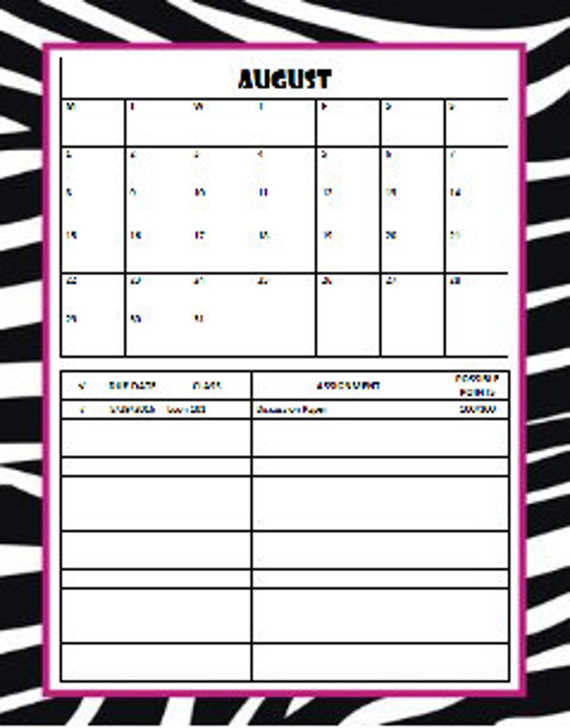 Zebratastic monthly assignment calendar etsy