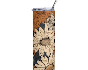 Boho Floral Stainless Steel Tumbler – 20oz Daisy Travel Cup with Lid & Straw