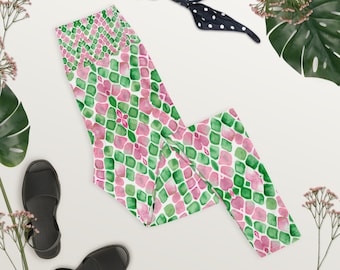 Pink & Green Abstract Yoga Leggings – High Waist, Stretchy Activewear for Women
