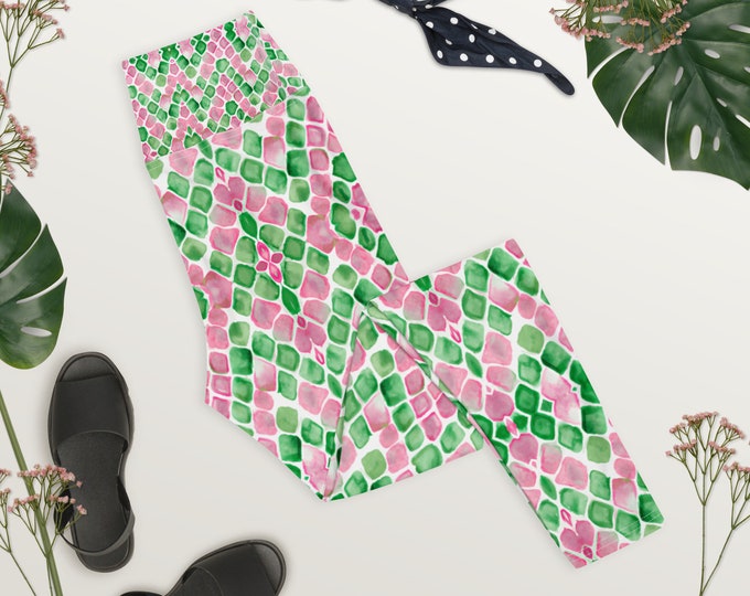 Pink & Green Abstract Yoga Leggings – High Waist, Stretchy Activewear for Women