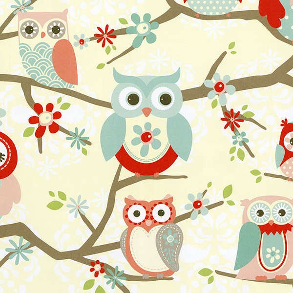 Coral Perched Owls Cotton Fabric by Adornit 00336A Nested Owls