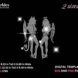May include: A digital template featuring two rhinestone figures, one with devil horns and a tail, the other with a halo and wings, on a black background. The image includes text indicating two sizes: 9.23 x 6.89 inches and 12.31 x 9.19 inches. Text also indicates the files are SVG and PNG.