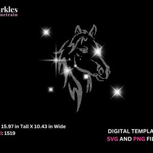 May include: A digital template of a horse head, rendered in sparkling white dots, against a black background. The design includes text indicating dimensions of 15.97 inches tall by 10.43 inches wide. The image also states it is an SVG and PNG file.