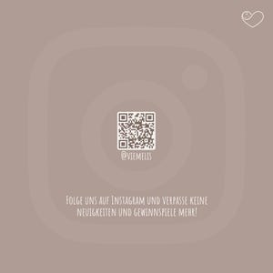 May include: A light brown graphic with a white Instagram logo and a QR code. The text "@VIEMELIS" is below the QR code. The text at the bottom says "Follow us on Instagram and don't miss any news and sweepstakes!"