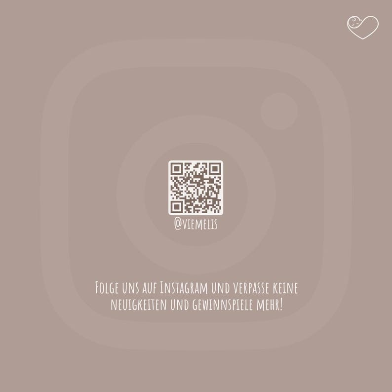 May include: A light brown graphic with a white Instagram logo and a QR code. The text "@VIEMELIS" is below the QR code. The text at the bottom says "Follow us on Instagram and don't miss any news and sweepstakes!"