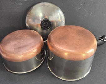 Revere Ware Copper Bottom Sauce Pots 1 & 2 Qt Stainless Steel Made in USA Vintage