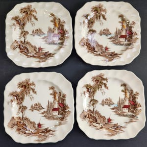 4 Stück Johnson Brothers Quadratische Salat Teller The Old Mill Braun Mehrfarbig 200 mm