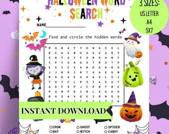 Halloween Word Search for Kids, Halloween Games for Kids, Halloween Party Games, Halloween Printable Games