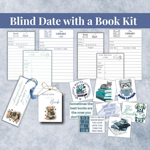 May include: A kit for a "Blind Date with a Book" includes book review cards, library cards, bookmarks, and stickers. The items feature a blue and white color scheme with floral and book-themed illustrations. Text includes "Blind Date with a Book Kit".